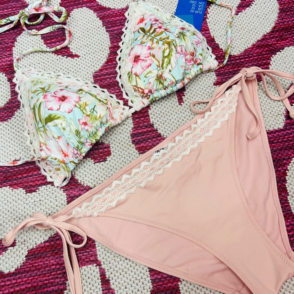 H&M Women 12 Bikini Set Pink Floral Crochet Lace Tie Tanga New Coquette Girl